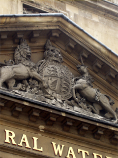 The crest on the pediment of the Royal Mineral Hospital