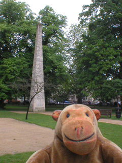 Mr Monkey looking at the Queen Square obelisk