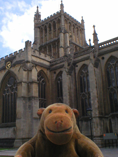 Mr Monkey looking at the central tower of Bristol Cathedral