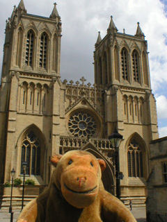 Mr Monkey looking at the west front of Bristol Cathedral