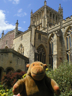 Mr Monkey looking up at the cathedral from the garden