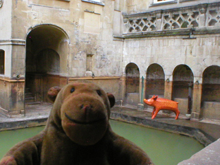 Mr Monkey looking at a pig beside the Kings Bath