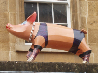 A pig in underwear and fishnet stockings