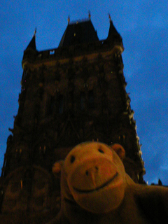 Mr Monkey looking up at the Powder Tower at night