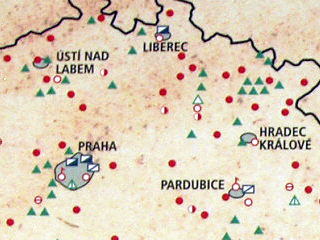 A close up of the map, showing security police sites around Prague