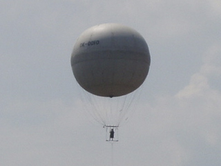 A balloon carrying someone high above Prague
