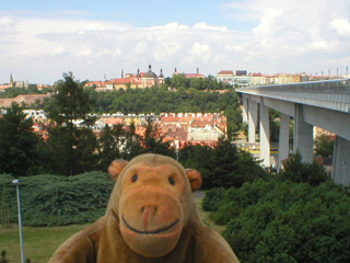 Mr Monkey looking across the valley below the Vyšehrad metro station
