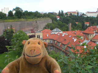 Mr Monkey looking down from the southern ramparts of Vyšehrad