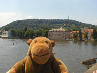 Mr Monkey looking at Kampa island and Petřín Hill