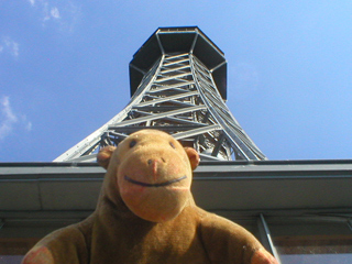 Mr Monkey looking up from the lower level to the top of the tower