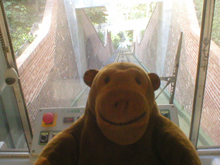 Mr Monkey looking down the funicular track from the front of the train