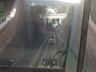 The track of the funicular railway seen from the front of the train