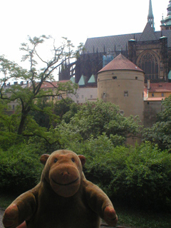 Mr Monkey looking at the Powder Tower of Prague Castle