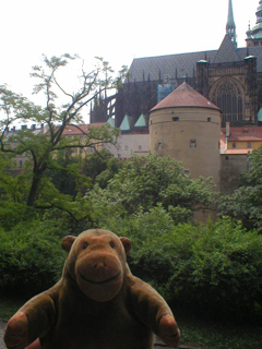 Mr Monkey looking at the Powder Tower of Prague Castle
