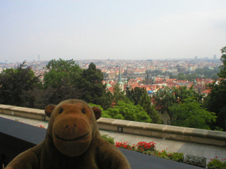 Mr Monkey looking at Prague from the balcony of the Old Royal Palace