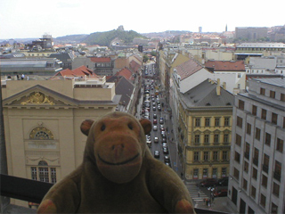 Mr Monkey looking down Hybernska from the Powder Tower