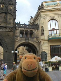 Mr Monkey looking at the bridge between the Powder Tower and the Municipal House