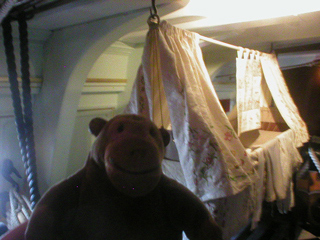 Mr Monkey looking at Nelson's sleeping cot