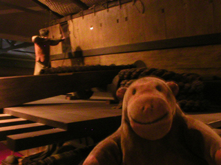 Mr Monkey looking at a replica of the upper deck of the Mary Rose