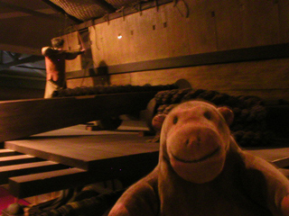 Mr Monkey looking at a replica of the upper deck of the Mary Rose