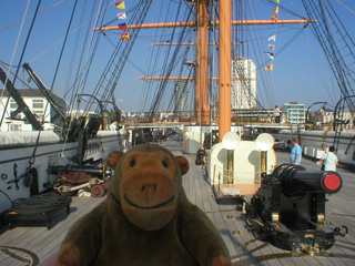 Mr Monkey looking along the upper deck from the stern