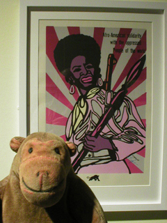 Mr Monkey looking at a poster showing a woman armed with a spear and a rifle