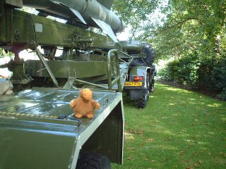 Mr Monkey on the mudguard of a towed missile launcher
