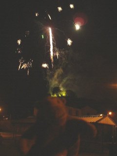 Fireworks launching from a castle behind Mr Monkey