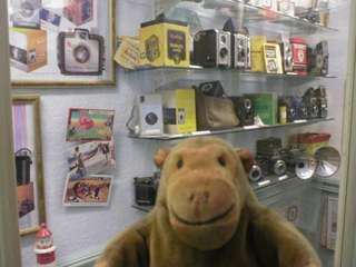 Mr Monkey looking at a cabinet of box cameras