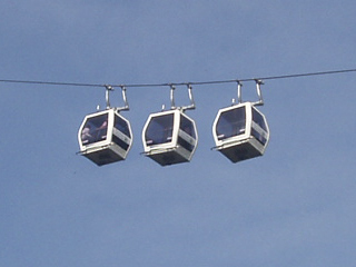 A set of three cable cars crossing the gorge 