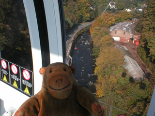 Mr Monkey looking at canoeists from a cable car