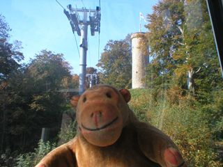 Mr Monkey looking at the Prospect Tower from the cable car