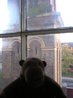 Mr Monkey looking at the standpipe tower from the 90 inch engine house