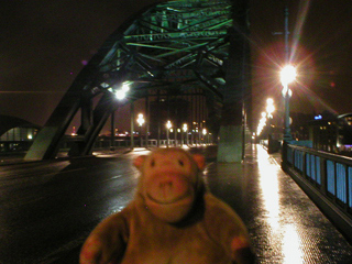 Mr Monkey looking at the Tyne Bridge at night
