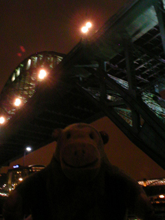 Mr Monkey looking up at the Tyne Bridge