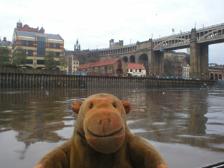 Mr Monkey looking the High Level Bridge from a boat on the Tyne