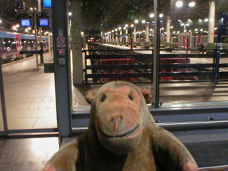 Mr Monkey waiting to go onto the platform at Manchester