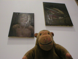 Mr Monkey looking at Wen Wu's First Step exhibition