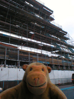 Mr Monkey looking at scaffolding on Tower Bridge
