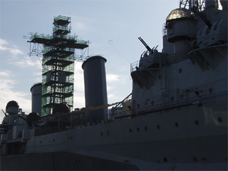 The main mast of HMS Belfast viewed from below