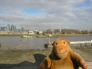 Mr Monkey looking across the Thames at Greenwich