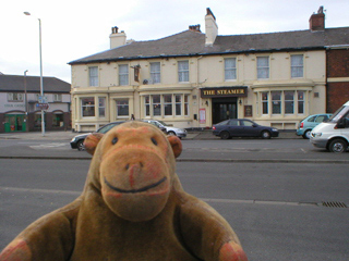 Mr Monkey looking across the road at the Steamer pub
