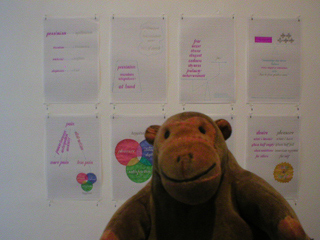 Mr Monkey looking at untitled drawings by Christine Wong Yap