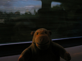 Mr Monkey looking out of a train window