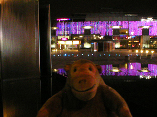 Mr Monkey looking around Millennium Square at night
