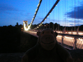 Mr Monkey looking at the bridge from beside the east pier
