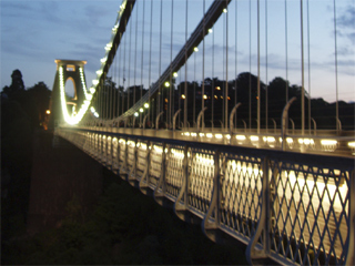 The bridge viewed from beside the east pier at night