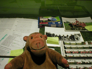 Mr Monkey looking at photos and notes used in Eidos' Sensible Soccer