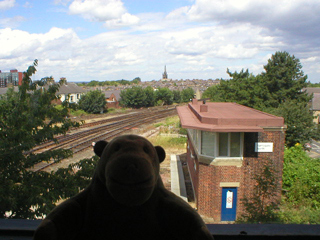 Mr Monkey looking down on Harrogate North signal box