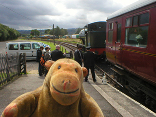 Mr Monkey watching the locomotive slow near the carriages
